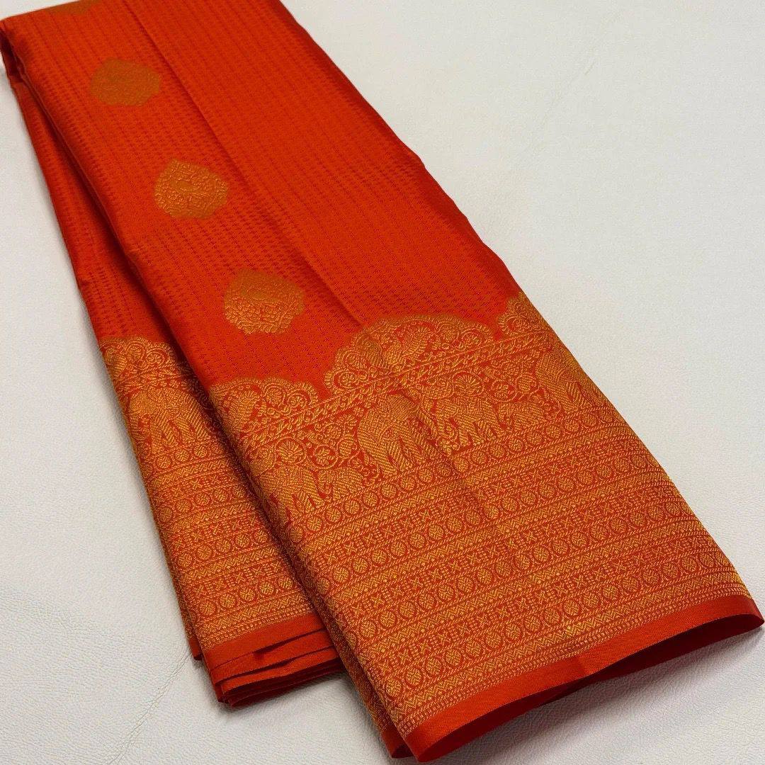 Royal Orange Banarasi Silk Saree with Rich Golden Zari Border & Traditional Designer Pallu | Premium Wedding Wear