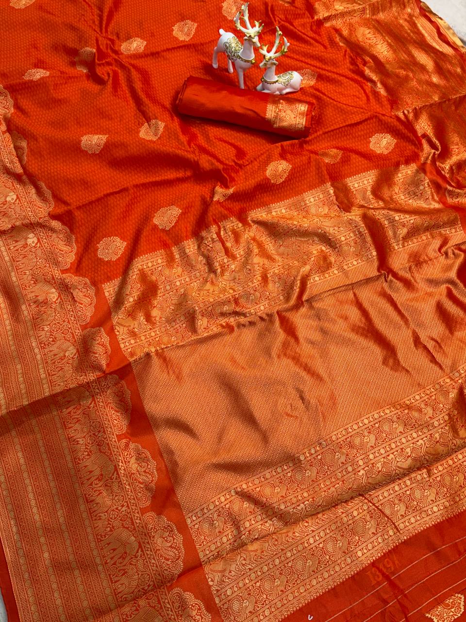 Royal Orange Banarasi Silk Saree with Rich Golden Zari Border & Traditional Designer Pallu | Premium Wedding Wear