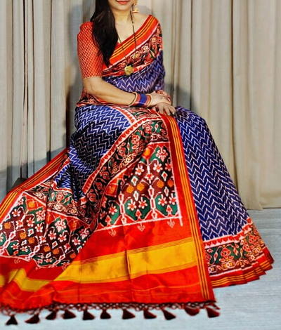 Royal Blue Traditional Patola Style Silk Saree with Multicolor Floral Border & Designer Pallu | Premium Heritage Wear