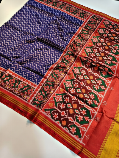 Royal Blue Traditional Patola Style Silk Saree with Multicolor Floral Border & Designer Pallu | Premium Heritage Wear