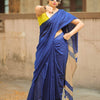 Royal Blue Linen Saree with Beige Contrast Pallu & Tassels | Minimalist Contemporary Wear