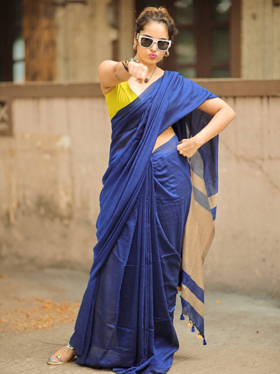 Royal Blue Linen Saree with Beige Contrast Pallu & Tassels | Minimalist Contemporary Wear