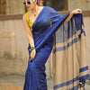 Royal Blue Linen Saree with Beige Contrast Pallu & Tassels | Minimalist Contemporary Wear