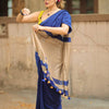 Royal Blue Linen Saree with Beige Contrast Pallu & Tassels | Minimalist Contemporary Wear