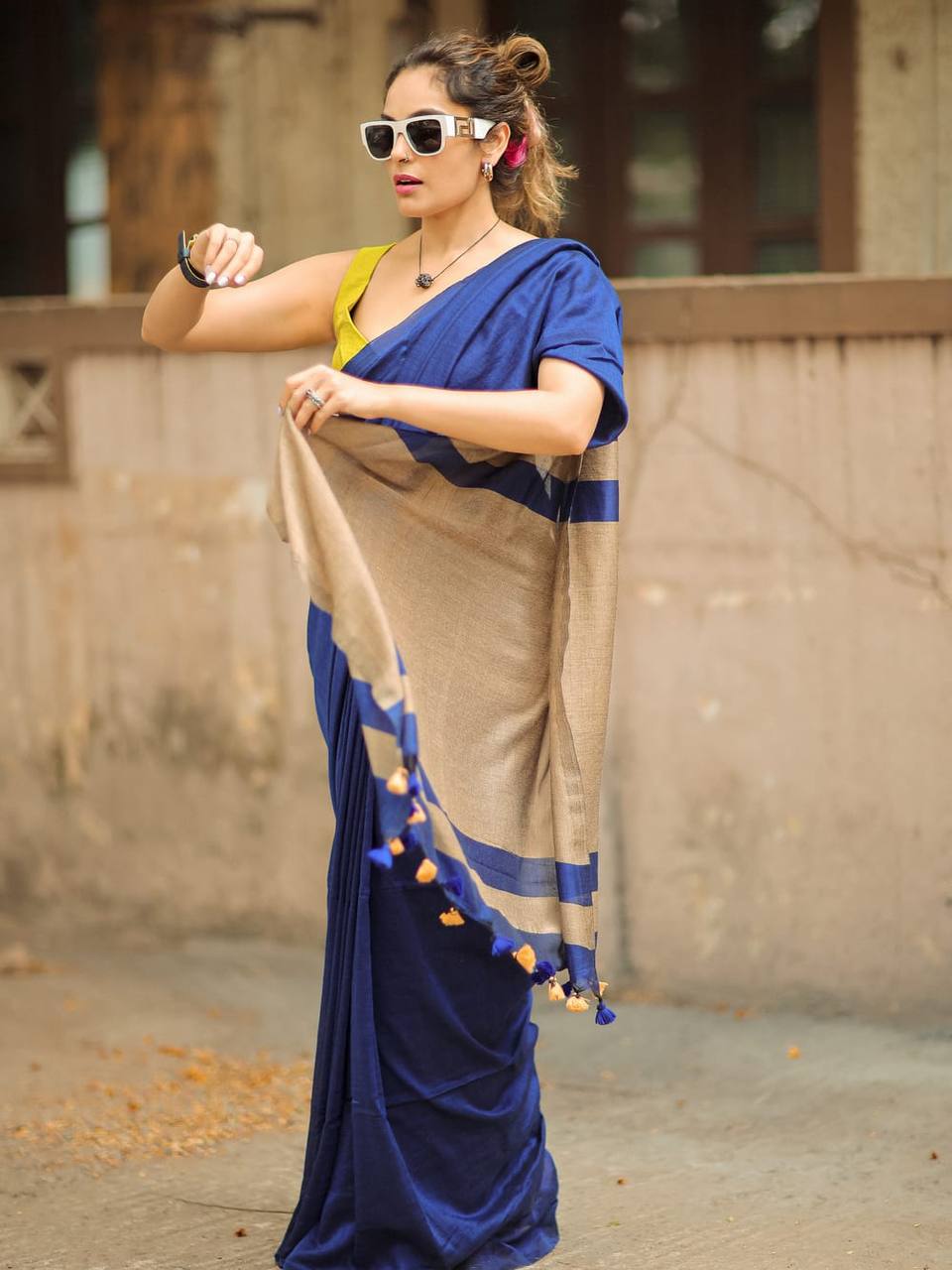 Royal Blue Linen Saree with Beige Contrast Pallu & Tassels | Minimalist Contemporary Wear