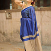 Royal Blue Linen Saree with Beige Contrast Pallu & Tassels | Minimalist Contemporary Wear