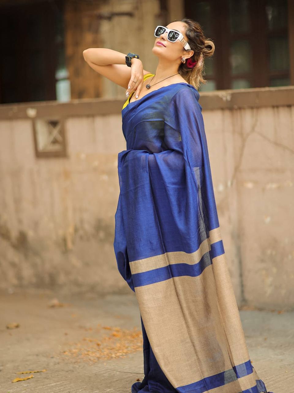 Royal Blue Linen Saree with Beige Contrast Pallu & Tassels | Minimalist Contemporary Wear