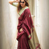 Wine Maroon Linen Saree with Beige Contrast Pallu & Tassels | Elegant Everyday Linen Wear