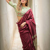 Wine Maroon Linen Saree with Beige Contrast Pallu & Tassels | Elegant Everyday Linen Wear