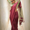 Wine Maroon Linen Saree with Beige Contrast Pallu & Tassels | Elegant Everyday Linen Wear