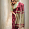 Wine Maroon Linen Saree with Beige Contrast Pallu & Tassels | Elegant Everyday Linen Wear