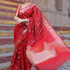 Royal Red Banarasi Silk Saree with Silver Zari Butti Work & Rich Traditional Border
