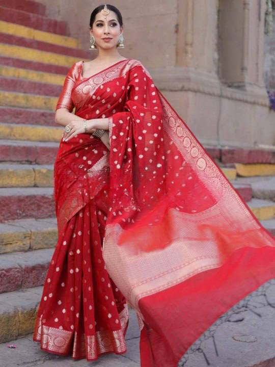 Royal Red Banarasi Silk Saree with Silver Zari Butti Work & Rich Traditional Border