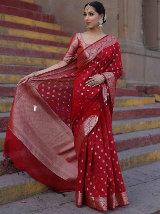 Royal Red Banarasi Silk Saree with Silver Zari Butti Work & Rich Traditional Border