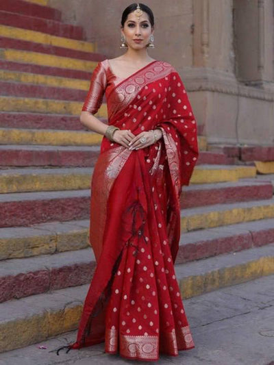 Royal Red Banarasi Silk Saree with Silver Zari Butti Work & Rich Traditional Border