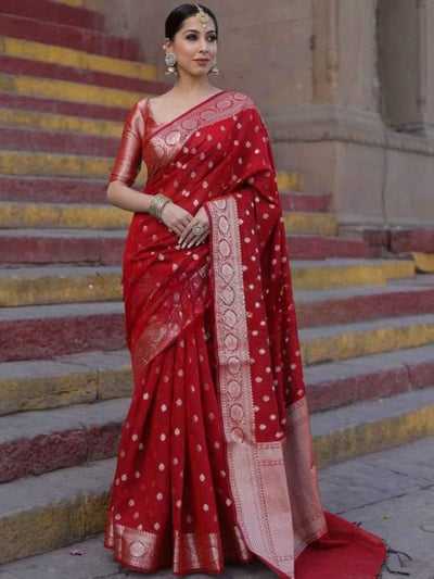 Royal Red Banarasi Silk Saree with Silver Zari Butti Work & Rich Traditional Border