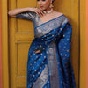 Elegant Steel Blue Banarasi Silk Saree with Silver Zari Butti Work & Rich Border