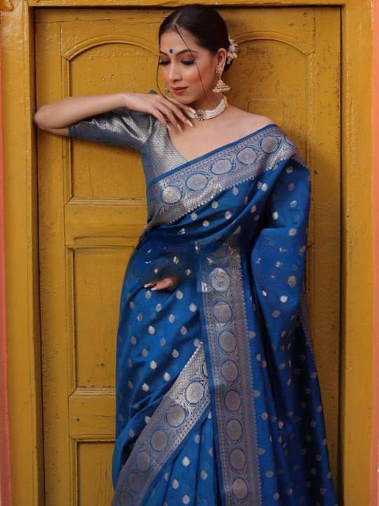 Elegant Steel Blue Banarasi Silk Saree with Silver Zari Butti Work & Rich Border