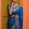 Elegant Steel Blue Banarasi Silk Saree with Silver Zari Butti Work & Rich Border