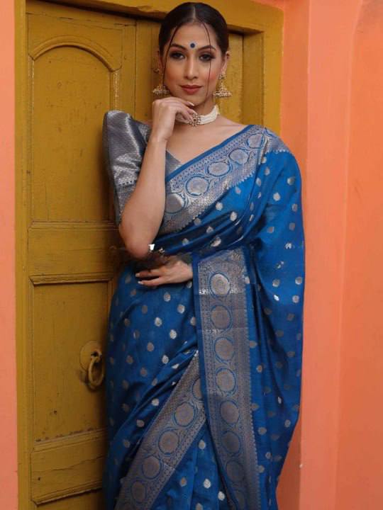 Elegant Steel Blue Banarasi Silk Saree with Silver Zari Butti Work & Rich Border