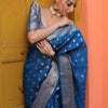 Elegant Steel Blue Banarasi Silk Saree with Silver Zari Butti Work & Rich Border