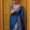 Elegant Steel Blue Banarasi Silk Saree with Silver Zari Butti Work & Rich Border