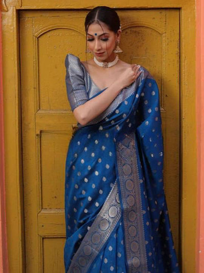 Elegant Steel Blue Banarasi Silk Saree with Silver Zari Butti Work & Rich Border