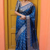 Elegant Steel Blue Banarasi Silk Saree with Silver Zari Butti Work & Rich Border