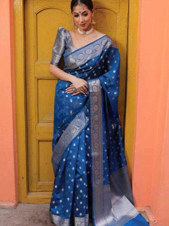 Elegant Steel Blue Banarasi Silk Saree with Silver Zari Butti Work & Rich Border
