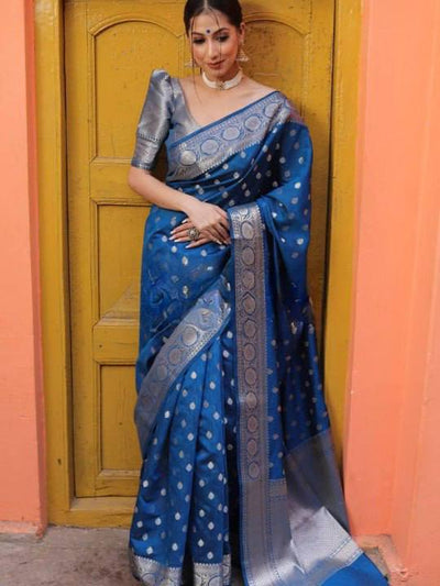 Elegant Steel Blue Banarasi Silk Saree with Silver Zari Butti Work & Rich Border