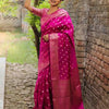 Luxury Hot Pink Banarasi Silk Saree with Silver Zari Butti Work & Rich Woven Border