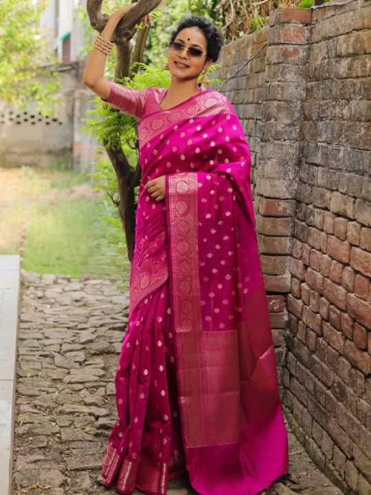 Luxury Hot Pink Banarasi Silk Saree with Silver Zari Butti Work & Rich Woven Border