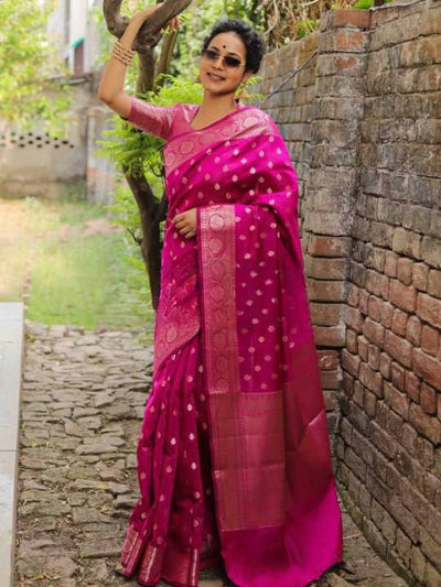 Luxury Hot Pink Banarasi Silk Saree with Silver Zari Butti Work & Rich Woven Border