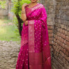 Luxury Hot Pink Banarasi Silk Saree with Silver Zari Butti Work & Rich Woven Border
