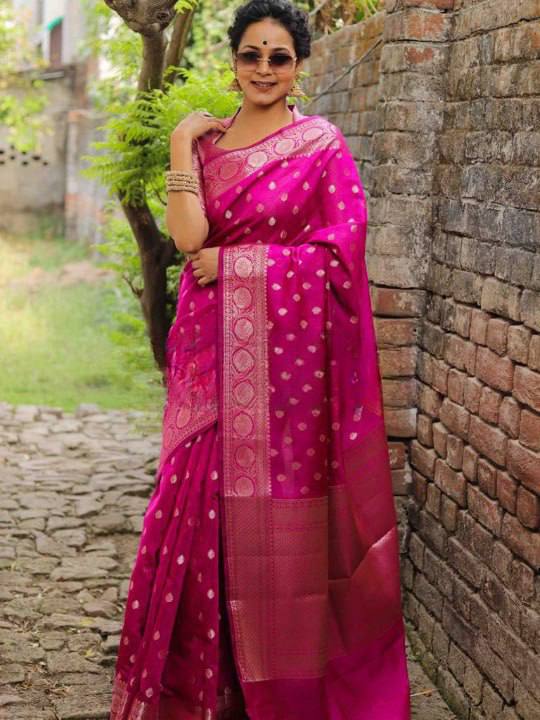 Luxury Hot Pink Banarasi Silk Saree with Silver Zari Butti Work & Rich Woven Border