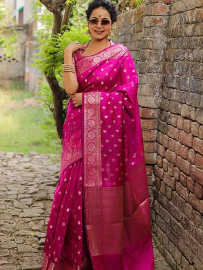 Luxury Hot Pink Banarasi Silk Saree with Silver Zari Butti Work & Rich Woven Border