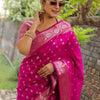 Luxury Hot Pink Banarasi Silk Saree with Silver Zari Butti Work & Rich Woven Border
