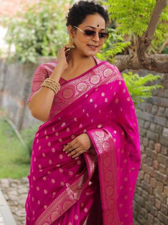 Luxury Hot Pink Banarasi Silk Saree with Silver Zari Butti Work & Rich Woven Border