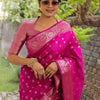 Luxury Hot Pink Banarasi Silk Saree with Silver Zari Butti Work & Rich Woven Border