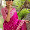 Luxury Hot Pink Banarasi Silk Saree with Silver Zari Butti Work & Rich Woven Border