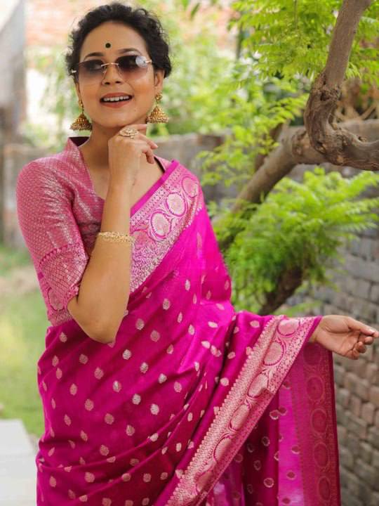 Luxury Hot Pink Banarasi Silk Saree with Silver Zari Butti Work & Rich Woven Border