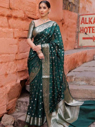 Premium Emerald Green Banarasi Silk Saree with Silver Zari Butti Work & Rich Border