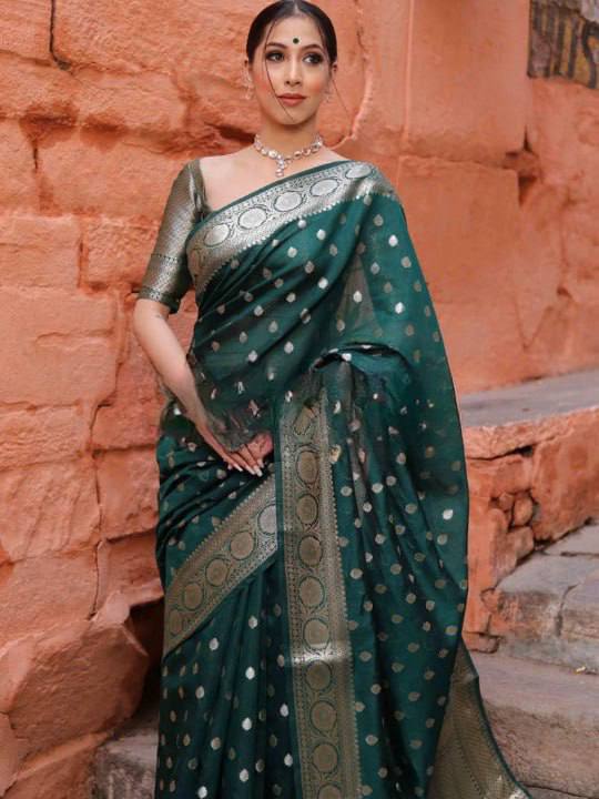 Premium Emerald Green Banarasi Silk Saree with Silver Zari Butti Work & Rich Border