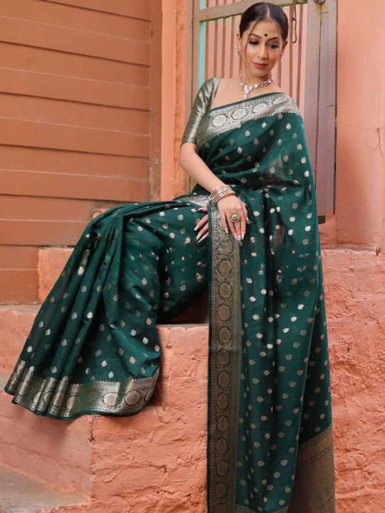 Premium Emerald Green Banarasi Silk Saree with Silver Zari Butti Work & Rich Border