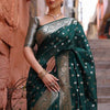 Premium Emerald Green Banarasi Silk Saree with Silver Zari Butti Work & Rich Border