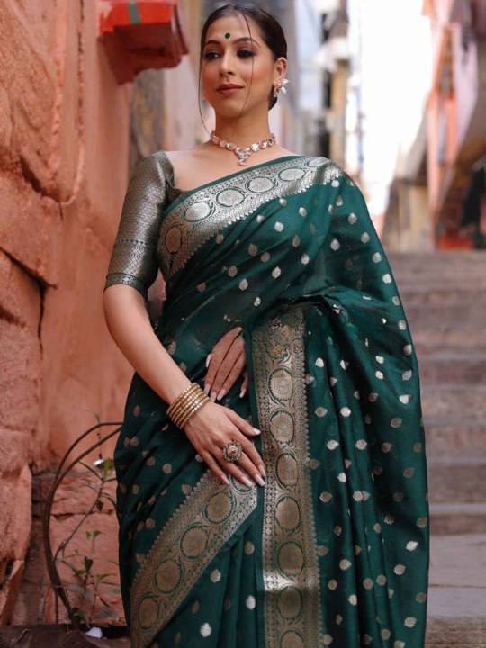 Premium Emerald Green Banarasi Silk Saree with Silver Zari Butti Work & Rich Border