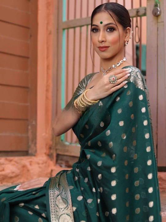 Premium Emerald Green Banarasi Silk Saree with Silver Zari Butti Work & Rich Border