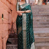 Premium Emerald Green Banarasi Silk Saree with Silver Zari Butti Work & Rich Border