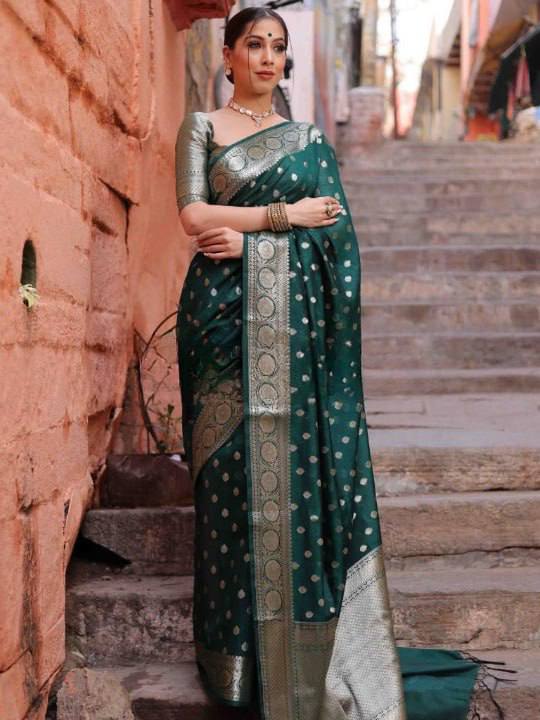 Premium Emerald Green Banarasi Silk Saree with Silver Zari Butti Work & Rich Border