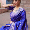 Luxury Royal Blue Banarasi Silk Saree with Silver Zari Butti Work & Grand Border